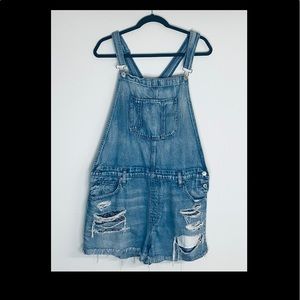 American Eagle Outfitters Distressed Denim Short Overalls - Blue
